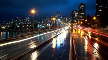 Poster - Vibrant cityscape at night with glowing lights and moving traffic on wet roads : Generative AI