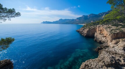 Leinwandbilder - Breathtaking coastal view of clear blue water meeting rocky cliffs under a bright sunny sky : Generative AI