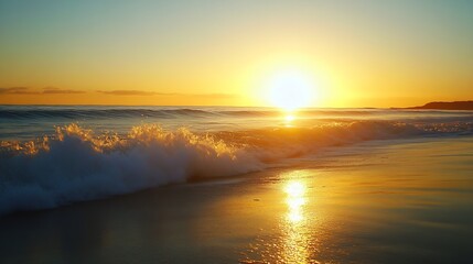 Leinwandbilder - Golden sun setting over the calm sea with waves gently washing ashore : Generative AI