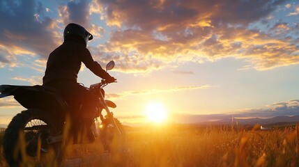 Aufkleber - Silhouette of a motorcycle rider against a stunning sunset illuminating the grassy landscape : Generative AI