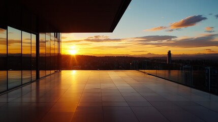 Aufkleber - Stunning Sunset Over Urban Landscape from a Modern Building with Floor to Ceiling Windows : Generative AI