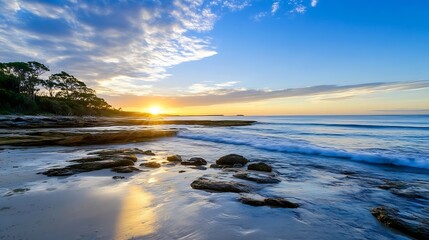 Leinwandbilder - Stunning Coastal Sunset Over Gentle Waves Reflecting Golden Light on Rocky Shore : Generative AI