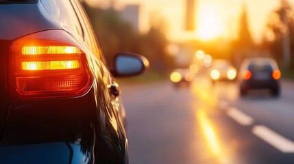 Poster - Close Up of a Black Car Tail Light with Blurred Traffic and Sunset in the Background Emphasizing Travel : Generative AI
