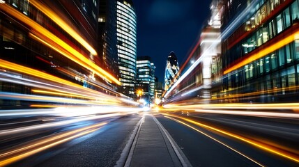 Poster - Dynamic cityscape at night with streaks of light creating a sense of speed and motion : Generative AI