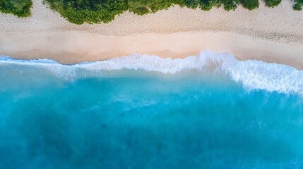 Aufkleber - Stunning Aerial View of Pristine Beach with Soft Sand and Turquoise Waves Crashing : Generative AI