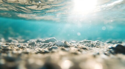 Poster - Underwater view showing light rays filtering through clear blue water over sandy bottom : Generative AI