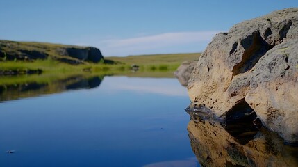 Poster - Crystal Clear Water Reflecting Stones and Green Grass in Nature : Generative AI