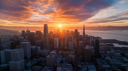 Aufkleber - Breathtaking Aerial View of City Skyline During Sunset with Vibrant Colors : Generative AI