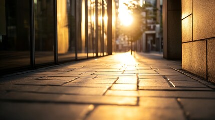 Poster - A beautiful sunset casting golden light on a serene city street paving tiles : Generative AI