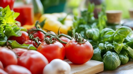 Poster - Fresh organic vegetables including tomatoes and basil arranged on a wooden table : Generative AI