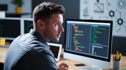 focused programmer coding on multiple screens modern tech workspace