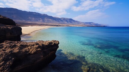 Leinwandbilder - Serene beach landscape with turquoise water and rocky coastline under a blue sky : Generative AI