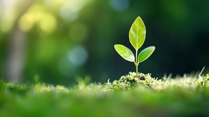 Poster - Young green plant sprouting from the ground in a soft bokeh light filled environment : Generative AI