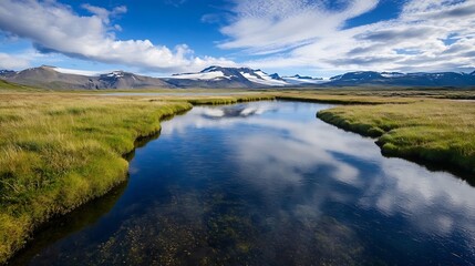 Aufkleber - Breathtaking Reflection of Mountains in Clear Water of Icelandic River Under Blue Sky : Generative AI