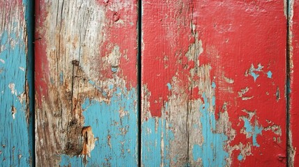 Leinwandbilder - Weathered wooden boards with vibrant peeling paint showcasing rustic charm and texture : Generative AI