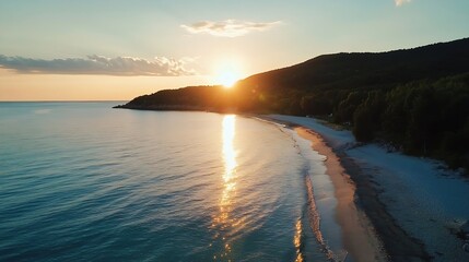 Poster - Breathtaking sunset casting golden rays over a tranquil beach with calm blue waters : Generative AI