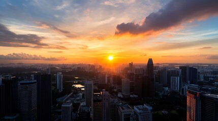 Fototapete - Stunning Sunset Over City Skyline with Clouds Illuminated by Warm Evening Light : Generative AI