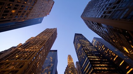 Aufkleber - Dramatic upward view of tall urban skyscrapers against a twilight sky with glowing windows showcasing modern architecture : Generative AI
