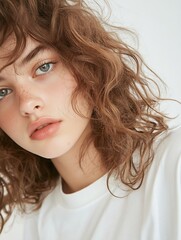 Aufkleber - CloseUp Portrait of a Young Woman with Natural Beauty and Freckles : Generative AI