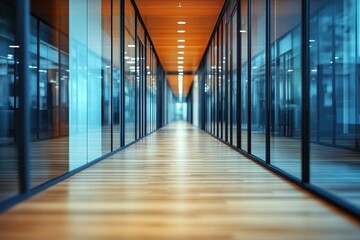 Aufkleber - Bright and spacious office corridor with modern glass partitions showcasing a clean and organized workspace