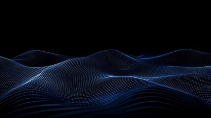 Abstract digital landscape with blue mesh grid on a black background forming a 3D wave