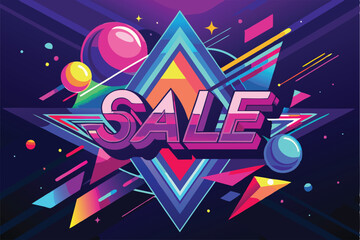 Poster - Bold geometric vector illustration of a sale design with vibrant colors and dynamic shapes on a dark background
