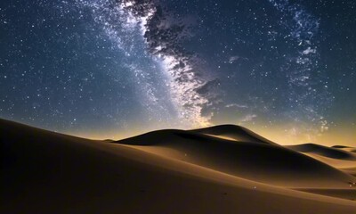 Wall Mural - A serene desert with soft sand dunes glowing faintly under a star-filled night sky, the Milky Way arching above in brilliant detail
