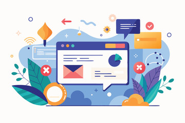 Aufkleber - Colorful minimalist vector illustration of a computer screen surrounded by vibrant plants and abstract shapes on a light background, showcasing modern digital design