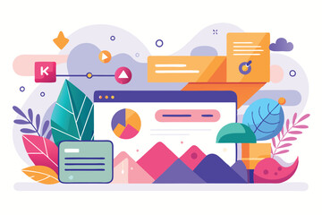 Aufkleber - Colorful minimalist vector illustration of a computer screen surrounded by vibrant plants and abstract shapes on a light background, showcasing modern digital design