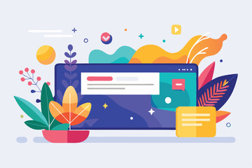 Aufkleber - Colorful minimalist vector illustration of a computer screen surrounded by vibrant plants and abstract shapes on a light background, showcasing modern digital design