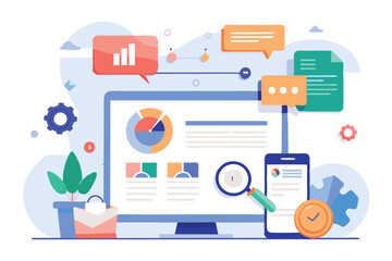 Leinwandbilder - Vector illustration of a modern workspace with data analytics on a computer monitor and charts, showcasing minimalistic design elements for an organizational setting