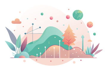 Poster - Colorful minimal vector illustration of a serene landscape with stylized trees, hills, and abstract shapes in a pastel color palette