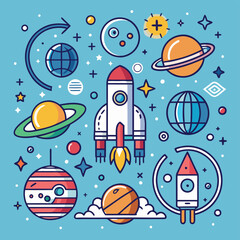 Wall Mural - Creative rocket launch vector illustration featuring planets, stars, and spacecraft in a minimal design celebrating space exploration
