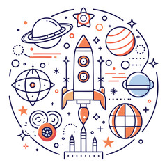 Wall Mural - Creative rocket launch vector illustration featuring planets, stars, and spacecraft in a minimal design celebrating space exploration