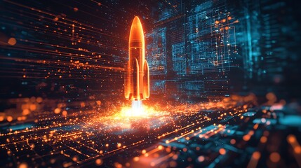Futuristic rocket launching into digital space.