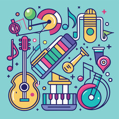 Aufkleber - Colorful minimal vector illustration of various musical instruments and elements showcasing rhythm and creativity in a vibrant design