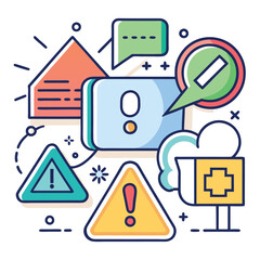 Aufkleber - Vector illustration of minimal warning signs and speech bubbles in a colorful design highlighting communication and alertness in a modern setting