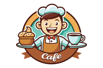 Poster - Friendly barista serving coffee in a minimal vector illustration showcasing a cozy cafe atmosphere with a warm color palette