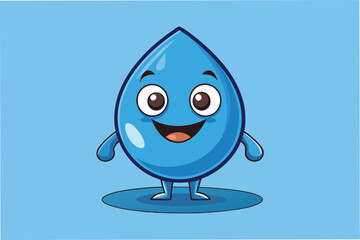 Poster - Cute vector illustration of a smiling blue water droplet character on a light blue background, expressing happiness and joy in a minimal style