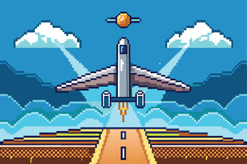 Poster - Vector illustration depicting a minimal airplane taking off from a runway against a vibrant landscape with mountains and clouds