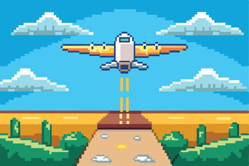Poster - Vector illustration depicting a minimal airplane taking off from a runway against a vibrant landscape with mountains and clouds