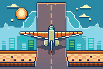 Poster - Vector illustration depicting a minimal airplane taking off from a runway against a vibrant landscape with mountains and clouds