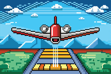 Poster - Vector illustration depicting a minimal airplane taking off from a runway against a vibrant landscape with mountains and clouds