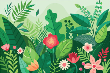 Poster - Colorful minimal vector illustration of vibrant plants and flowers in a lush garden setting with various shades of green foliage under a bright sky