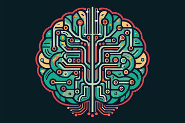 Leinwandbilder - Colorful minimal vector illustration of a brain with circuit patterns, representing the connection between technology and human intellect in a modern digital world