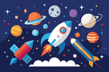 Poster - Explore the wonders of space in a minimal vector illustration featuring rockets, planets, and stars in a vibrant cosmic setting