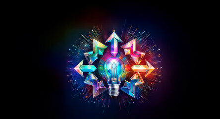 Wall Mural - a radiant light bulb emits vivid colors and energy in all directions, with arrows pointing outwards 