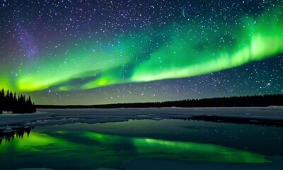 Wall Mural - Aurora borealis over a frozen lake. Vibrant ribbons of green and purple light dance across the night sky, reflecting onto the icy surface. The atmosphere feels vast, ethereal, and otherworldly