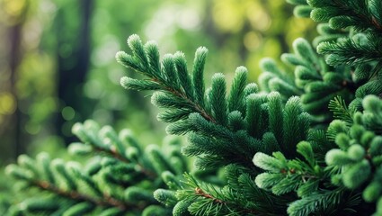 Close-up of spruce with a nature background showcasing green tree forest texture and spruce elements for decoration.