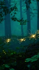 Wall Mural - vertical 9:16 Tiny fireflies glow softly as they drift through a dense forest at twilight. Their golden lights flicker against the deep blue-green foliage, creating a magical, ethereal effect